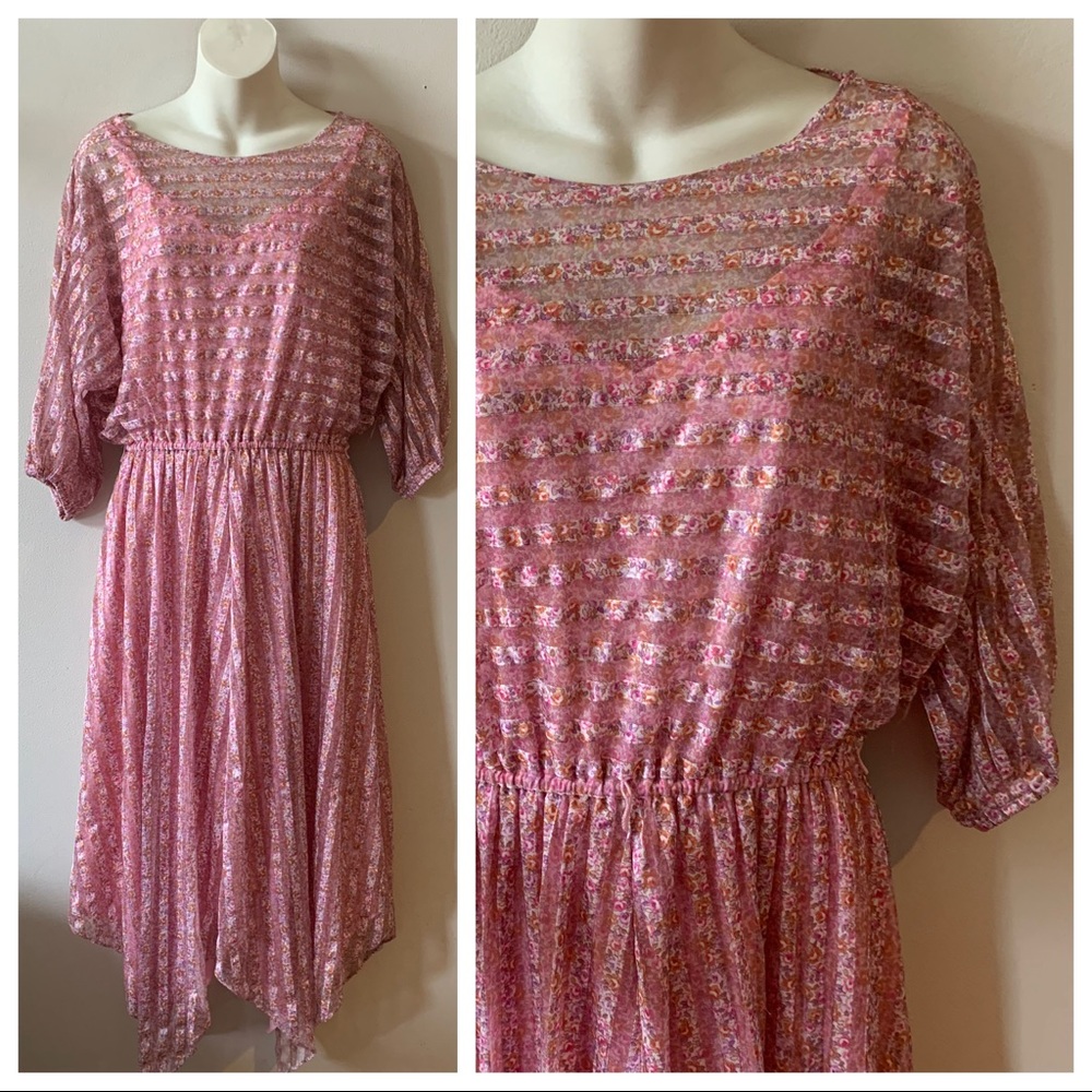 Vintage 70s boho pink sheer floral hanky hem dress